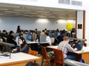 Foster Library Students Studying and Happy Face Baloon