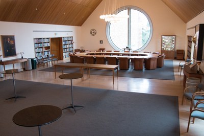 View of the Donald E. Petersen Room, located on the 4th floor of the Allen Library, looking  SW towards the fireplace.