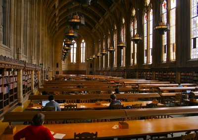 View of the Reading Room in Suzzallo Library looking toward the south alcove.  Photo by Curtis Cronn.