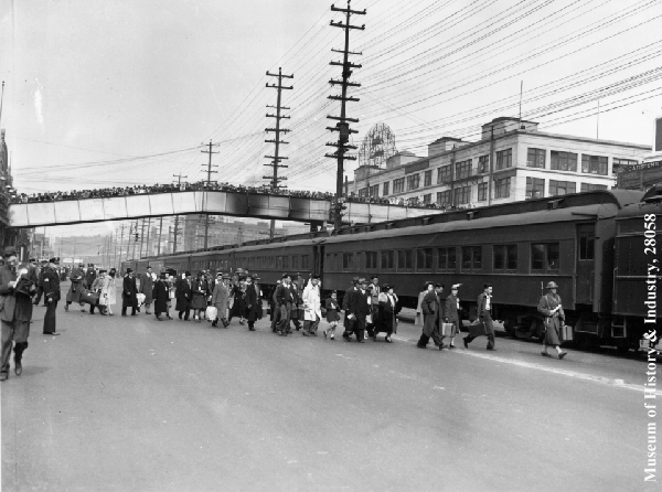 Bainbridge Island evacuees walking to train, PI-28058