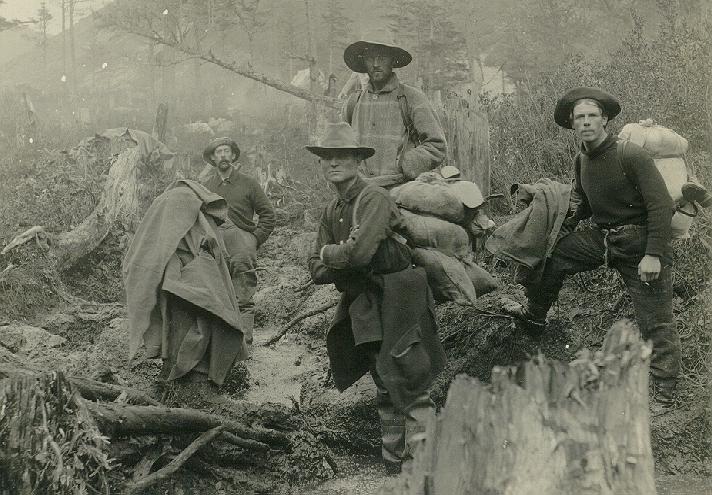 Stampeders near Sheep Camp on the Chilkoot trail. 1897